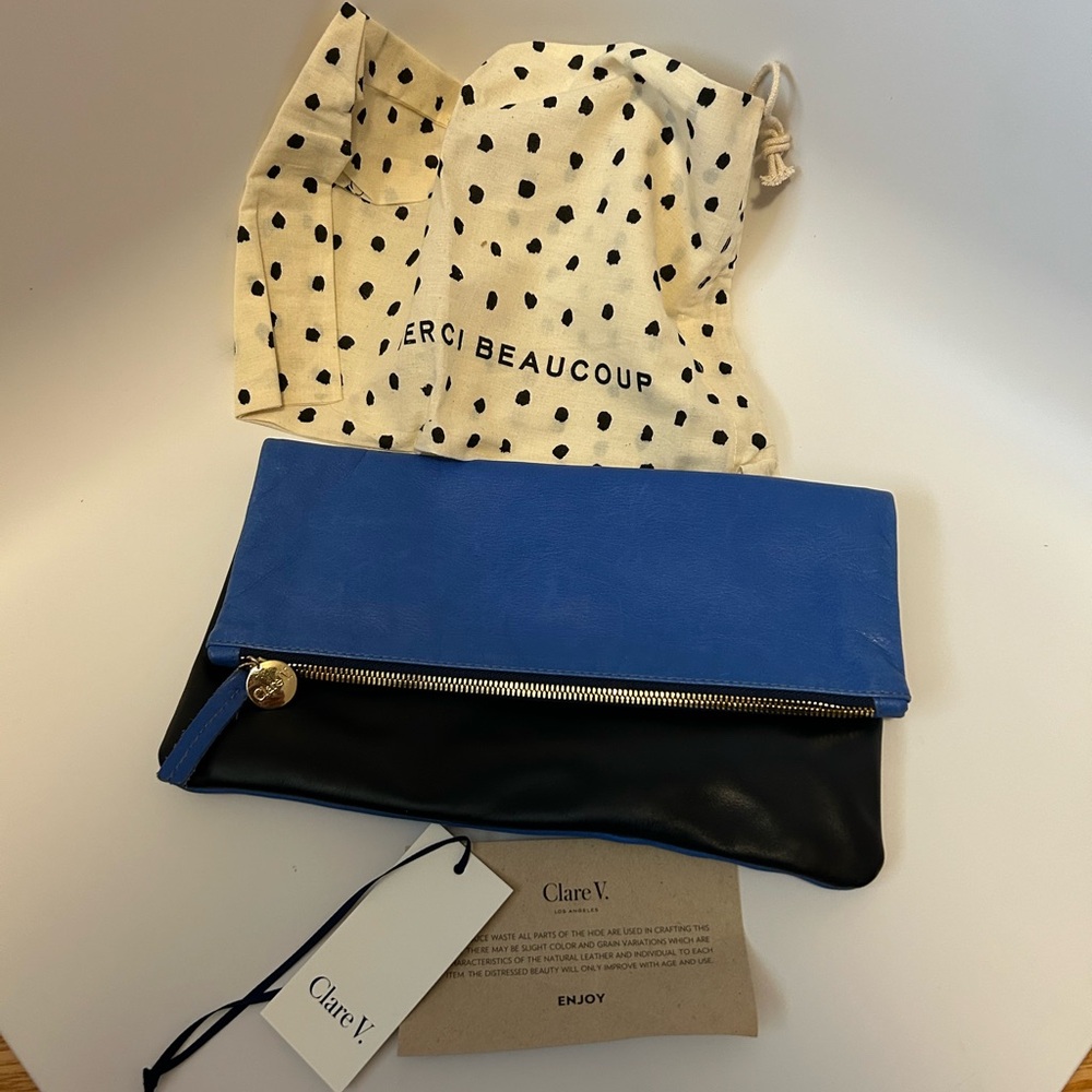 Clare V (Clare Vivier) holdover clutch two tone navy blue, electric blue